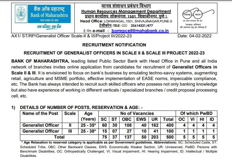 Bank Of Maharashtra BOM Generalist Officer 2022 Online Form