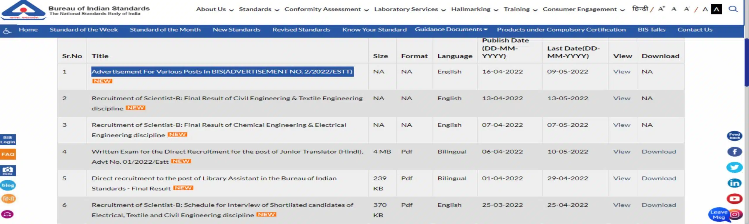BIS Various Post 2022 Recruitment BIS Various Post 2022 Recruitment