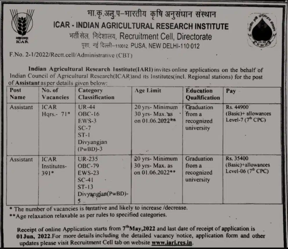 ICAR IARI Assistant Recruitment 2022 Online Form ICAR IARI Assistant Recruitment 2022 Online Form